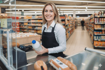 Illustration der Personalplanung in einem Einzelhandelsgeschäft, bei der das Gleichgewicht zwischen Service, Personalbesetzung und Lohnkosten im Mittelpunkt steht.